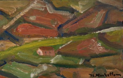 Landscape near Kalambaka without Sky — Oil painting, Fiberboard, 14.00×22.00cm — Theodoros Markellos
